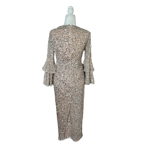 Mac Duggal Fully Sequined Ruffle Tiered 3/4 Sleeve Midi Dress 4 Nude Gold NWT - Picture 5 of 9